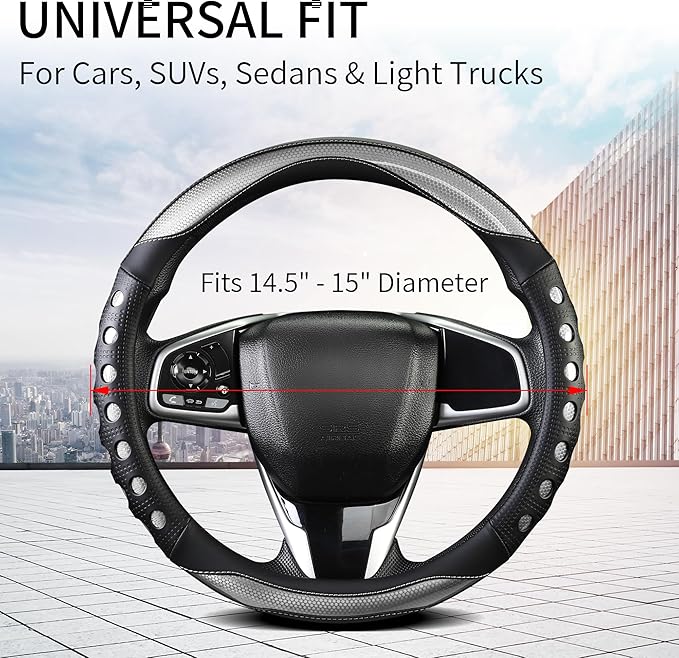 QCYP PU Leather Car Steering Wheel Cover with Anti-Slip Grip, for Women and Men, Universal Fit for 14.5-15 Inch Cars, Trucks, SUVs (Gray (Round), Medium(Standard) Size[14 1/2''-15''])