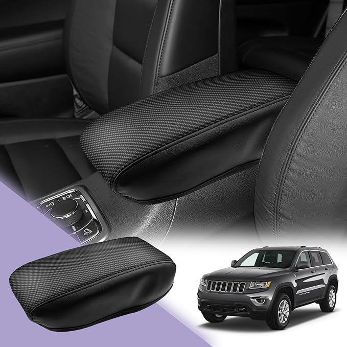 LUWU Grand Cherokee Center Console Cover Compatible with 2011-2021 Jeep Grand Cherokee Accessories Grand Cherokee WK2 Armrest Console Cover Armrest Cover Center Console Pad Soft Leather Black