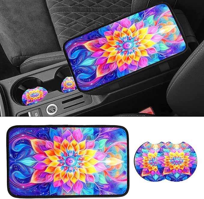 JANENFNA Car Armrest Cover Pads Universal Fashion Cute Auto Center Console Armrest Cover Pad with 2PCS Car Coasters Soft Waterproof Car Armrest Seat Protector for Women,Colorful Flower