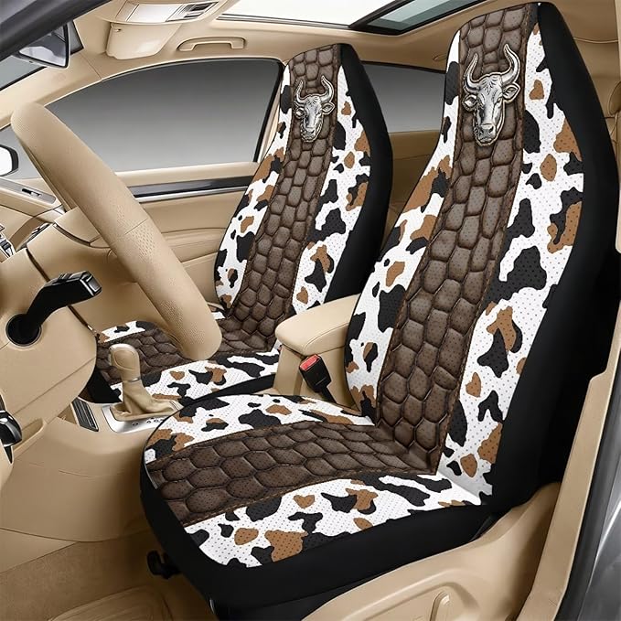 Qeluxign Cow Print Bull Automotive Seat Covers 5 Piece Universal Fit Car Accessories with Soft 2 Pack Seat Belt Cover Pads and Center Console Armrest Covers for SUV Truck Interior Set