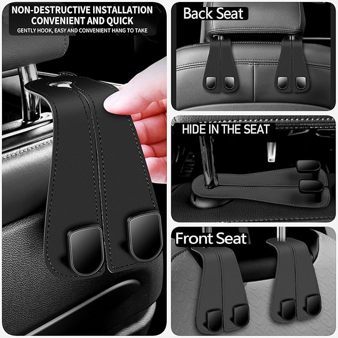 2 Packs Car Seat Hooks, Leather Car Headrest Hook, Car Purse Hook Seat Back Hanger Storage Organizer, Car Hook for Purses and Bags(Black)
