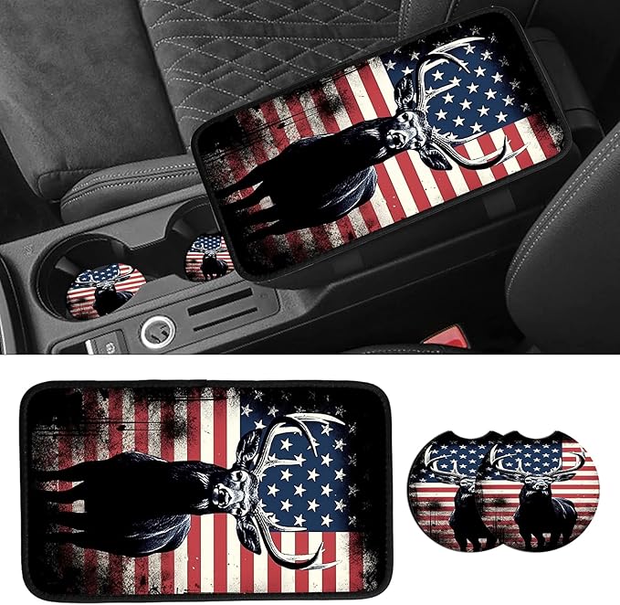 JANENFNA Car Armrest Cover Pads Universal Fashion Cute Auto Center Console Armrest Cover Pad with 2PCS Car Coasters Soft Waterproof Car Armrest Seat Protector for Women,Patriotic Deer Design