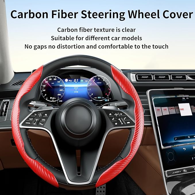 LevChall Carbon Fiber Steering Wheel Cover, 2-Piece Set Anti-Skid Comfortable Grip Segmented Butterfly Design, Easy Snap-On Installation Universal Fit 99% Cars, Red