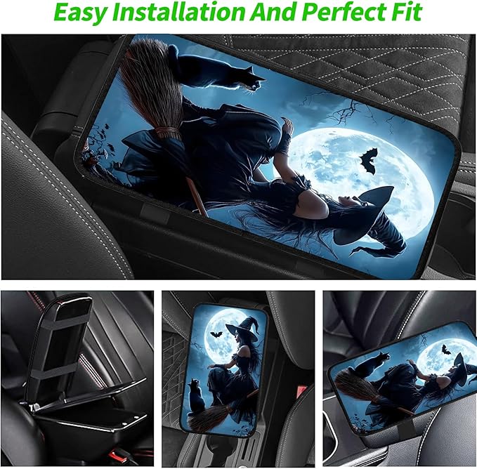 JANENFNA Car Armrest Cover Pads Universal Fashion Cute Auto Center Console Armrest Cover Pad with 2PCS Car Coasters Soft Waterproof Car Armrest Seat Protector for Women,Beautiful Witch