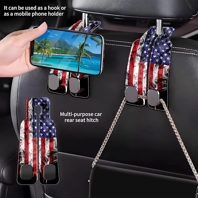 AEWNUNK Car Headrest Purse Hanger Vintage National America Flag 1 Pack Bag Purse Holder for Car Premium Leather Double Metal Hook for Handbags, Grocery Bags and Phones