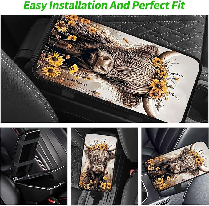 JANENFNA Car Armrest Cover Pads Universal Fashion Cute Auto Center Console Armrest Cover Pad with 2PCS Car Coasters Soft Waterproof Car Armrest Seat Protector for Women,Cow Flower Crown