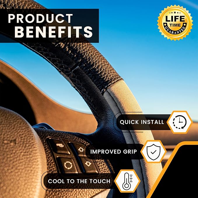 Gorla Gear Beige Leather Neoprene Steering Wheel Cover Women Men, Easy Fast Installation, Tan Khaki Universal Fit 14.5 15 15.5 Inch, Anti-Slip Safer Grip Car Accessories for Automobile Truck SUV Van