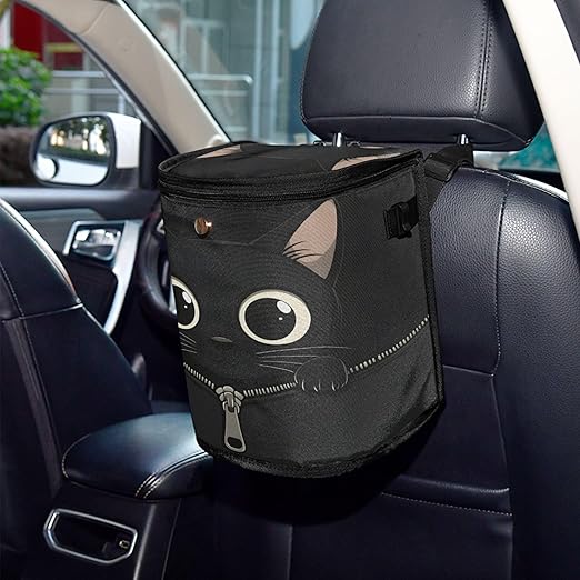 MNSRUU Car Trash Can with Lid, Black Cat Zipper Car Trash Bag Hanging Organizers and Storage for Front Back Seat, Leak-Proof Trash Bin