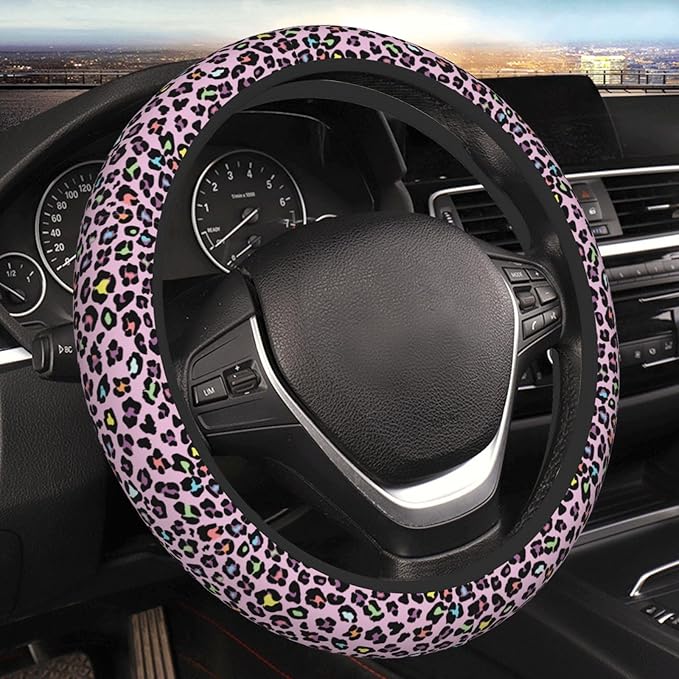 Pink Leopard Print Neoprene Steering Wheel Cover for Men Women Anti-Slip Elastic Steering Wheel Protective Cover 15in Universal Car Accessories Fit Cars, SUVs, Auto