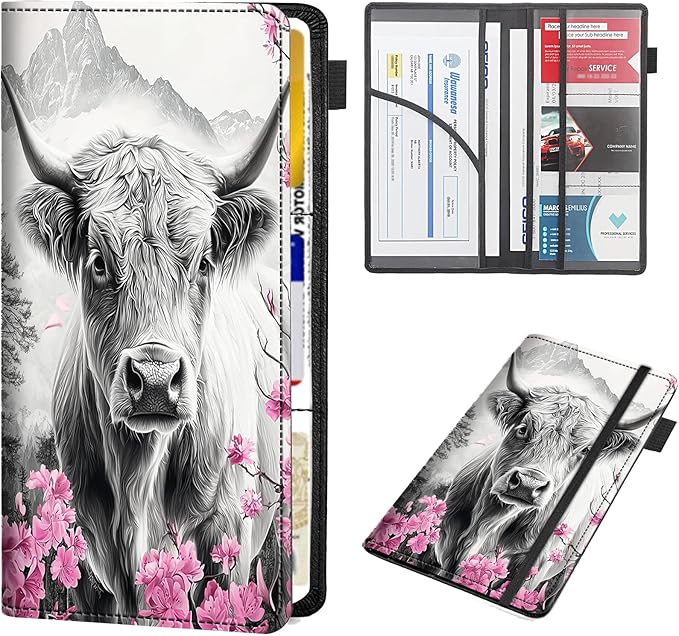 RAUEDWDJS Car Registration and Insurance Holder,Leather Vehicle Glove Box Organizer Wallet Case for Driver's License,ID Key Information Cards-Cherry Blossom Highland Cow