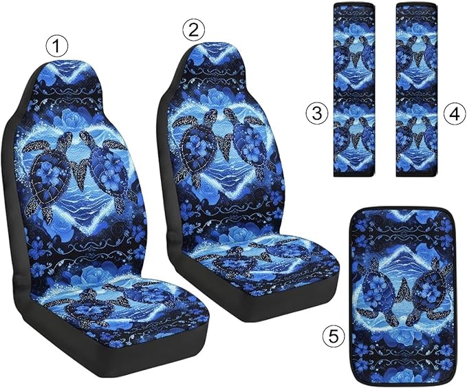 Qeluxign 5 Pieces Car Seat Cover Full Set, Sea Turtle Floral Seat Covers Car Seatbelt Pads Vehicle Center Console Armrest Cover Pad for Truck SUV Sedan Automotive Interior Decoration Accessorie