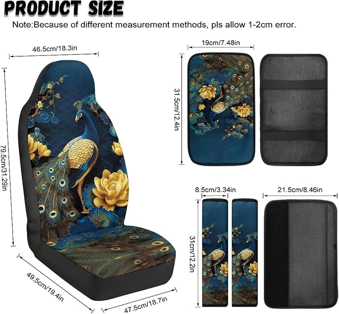 Qeluxign Peacock Floral Car Accessories Set for Women Center Console Armrest Pad Seat Belt Cushion Universal Car Accessories for SUV Van Truck