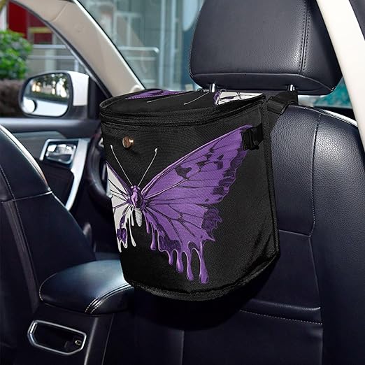 MNSRUU Car Trash Can with Lid, White Purple Dual Color Butterfly Car Trash Bag Hanging Organizers and Storage for Front Back Seat, Leak-Proof Trash Bin