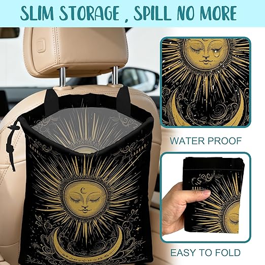 KXWQTRDD Car Garbage Bag Golden Sun Boho Crescent Moon Stars Hanging Canvas Car Trash Bag Drawstring Car Back Seat Organizer for Car Back Front Seat Console with Adjustable Buckle