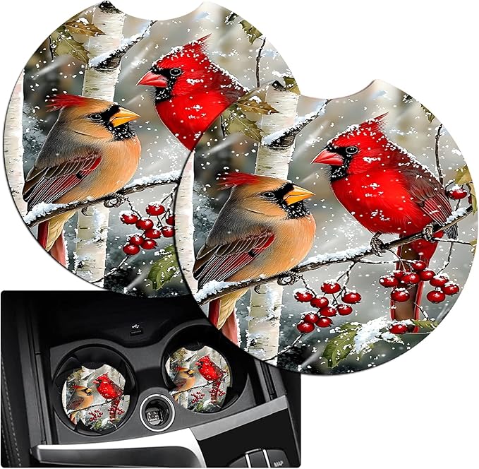 JANENFNA Car Armrest Cover Pads Universal Fashion Cute Auto Center Console Armrest Cover Pad with 2PCS Car Coasters Soft Waterproof Car Armrest Seat Protector for Women,Snowy Cardinals