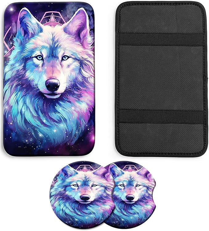 JANENFNA Car Armrest Cover Pads Universal Fashion Cute Auto Center Console Armrest Cover Pad with 2PCS Car Coasters Soft Waterproof Car Armrest Seat Protector for Women,Cosmic Wolf