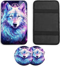 JANENFNA Car Armrest Cover Pads Universal Fashion Cute Auto Center Console Armrest Cover Pad with 2PCS Car Coasters Soft Waterproof Car Armrest Seat Protector for Women,Cosmic Wolf