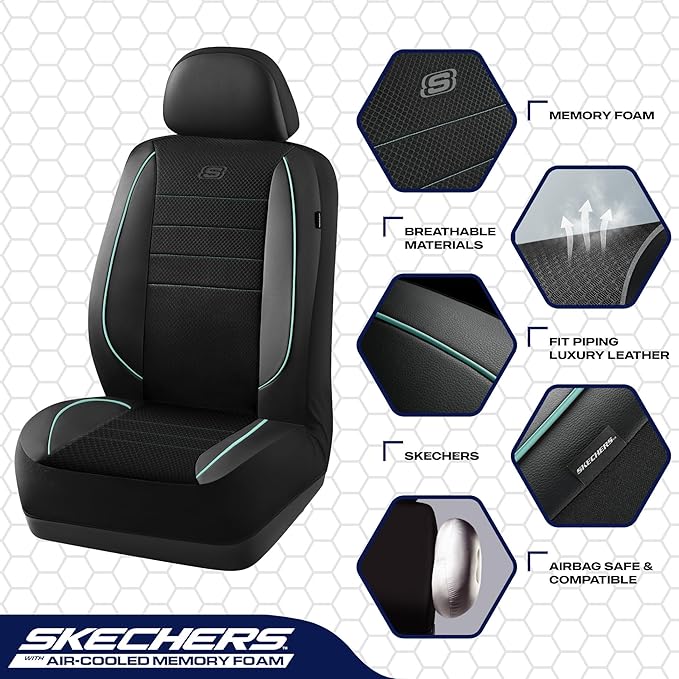 Skechers Air-Cooled Memory Foam Seat Cover,Mesh Thick Car Seat Covers,Piping Leather Car Seat Cover,Airbag Compatible,Automotive Comfort for Most Cars, Vans, Trucks, SUV(Mint,Full Set)
