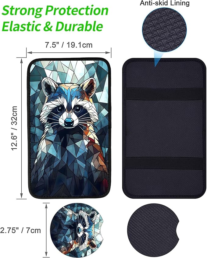 JANENFNA Car Armrest Cover Pads Universal Fashion Cute Auto Center Console Armrest Cover Pad with 2PCS Car Coasters Soft Waterproof Car Armrest Seat Protector for Women,Colored Glass Raccoon