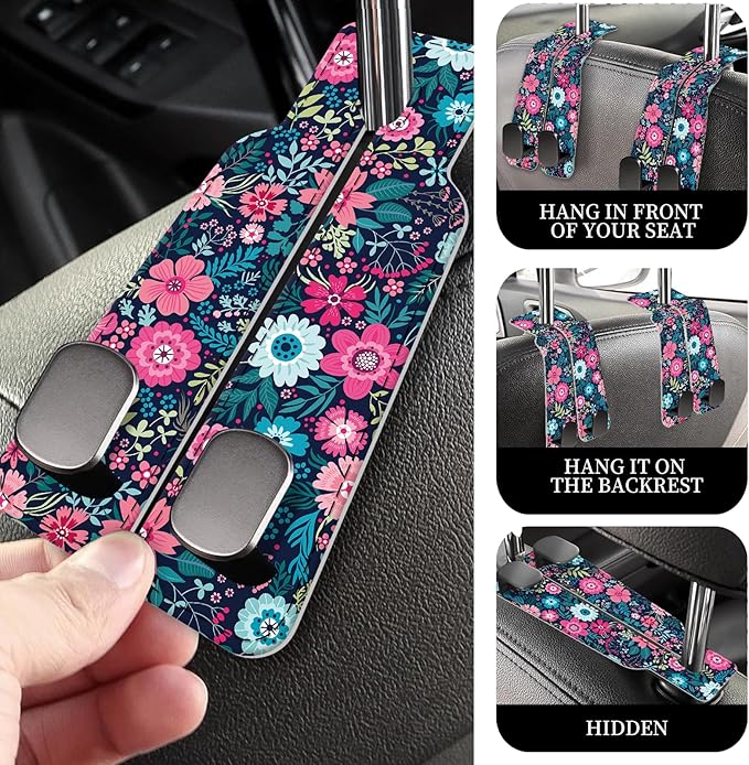 AXRQLSU PU Leather Car Seat Hook, Storage Headrest Hanger, Cute Car Backseat Organizer, Car Hooks For Purses and Bags Pink Blue Flowers