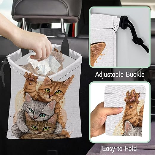 NHNXHWIA Cute Cats Car Trash Bag,Kittens Hanging Drawstring Car Garbage Bag,Waterproof Canvas Car Back Seat Organizer with Adjustable Buckle,for Vehicles,SUVs,Camping,Road Trips