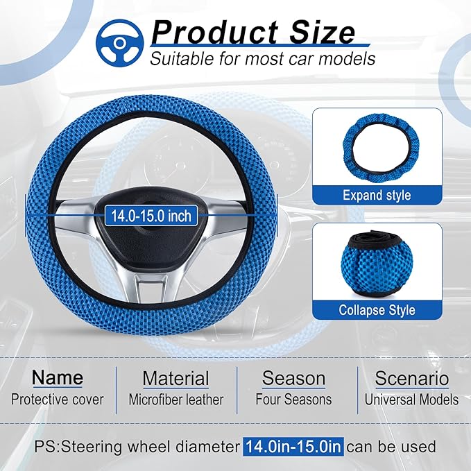 Alpmosn Elastic Stretch Steering Wheel Cover, Universal Interior Accessories Steering Wheel Cover for Women & Men, Breathable Microfiber Ice Silk, Anti-Slip, Odorless, Easy Carry(Blue)