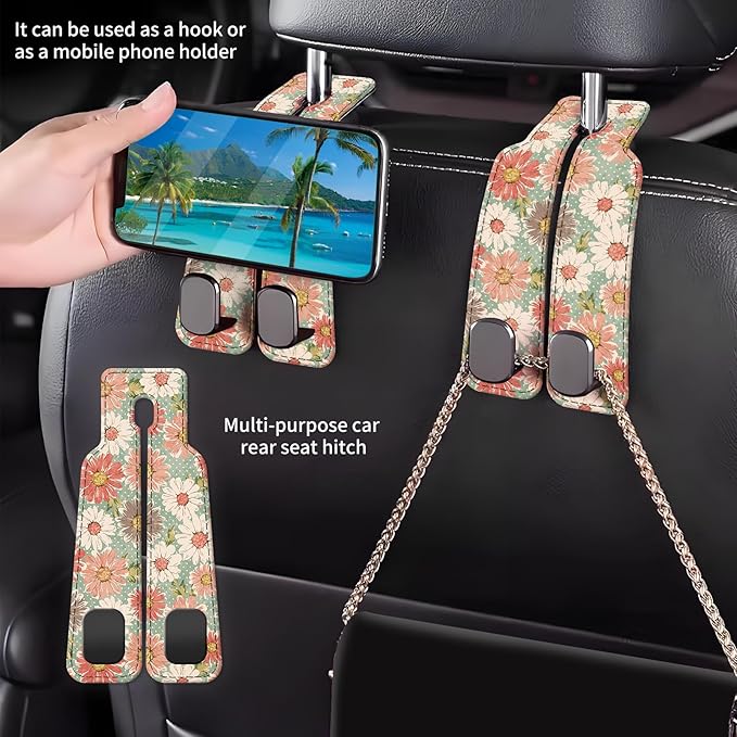AXBSAKDI Car Seat Back Storage Headrest Hook, Premium Leather Double Metal Hook, Hanger Storage Organizer for Purse Cloth Bag, Car Interior Accessories Cute Retro Flowers