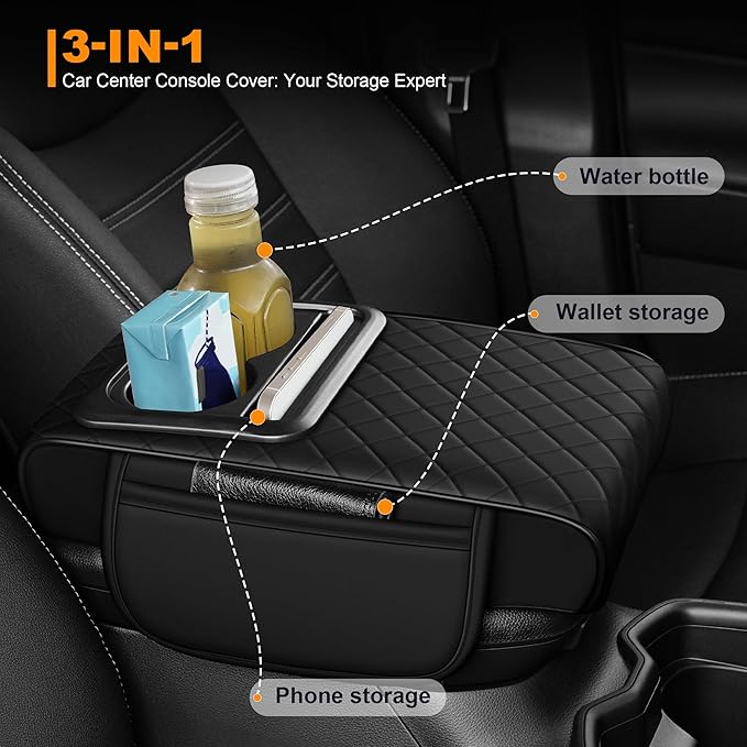 Armrest Cover for Car Fit for Jeep Wrangler - Center Console Cover with Cup Holders and 2 Storage Pockets(Black)