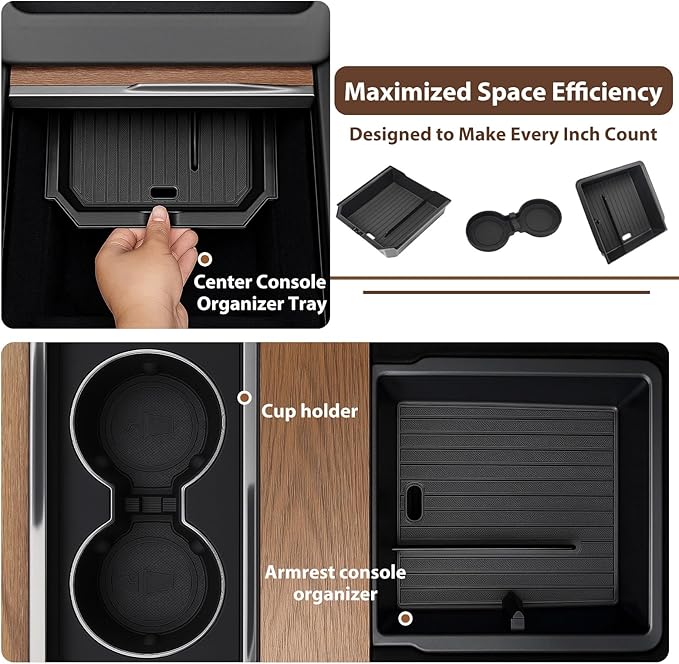 LEQEE Center Console Organizer Tray for Tesla Model Y Juniper Accessories 2025 2026 and Model 3 Highland Accessories 2024 2025 2026 for Tesla Accessories Cup Holder Matte Black (3PCS)