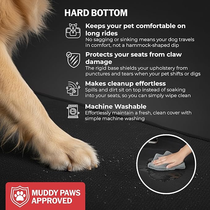 PetSuite Hard Bottom Dog Car Seat Cover for Back Seat – 300-lb Strength Pet Cover for Dogs with 40% Extra Space, Waterproof Nonslip Backseat Hammock for Cars & SUVs (Car or SUV)
