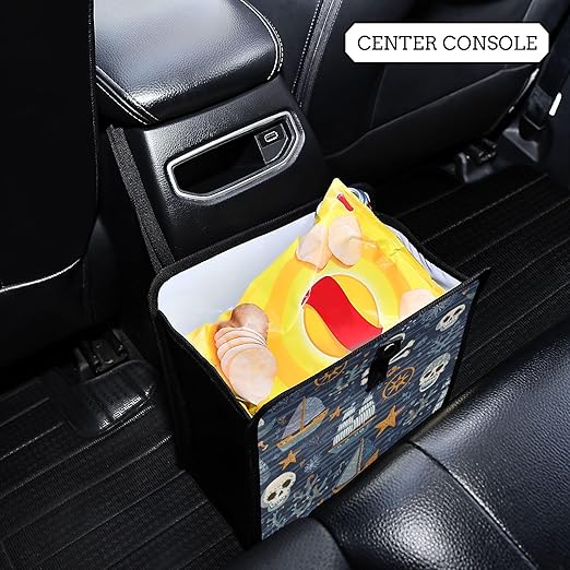 Car Trash Can Organizer Bin with Adjustable Strap for Back Front Seat Console Waterproof Leakproof Collapsible Portable 11 Inch Blue Pirate Skulls Sailboats Starfish and Compass