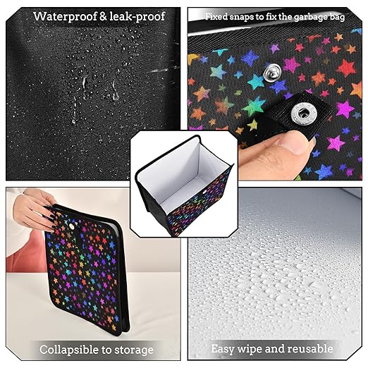 Car Trash Can Organizer Bin with Adjustable Strap for Back Front Seat Console Waterproof Leakproof Collapsible Portable 11 Inch Vibrant Rainbow Stars