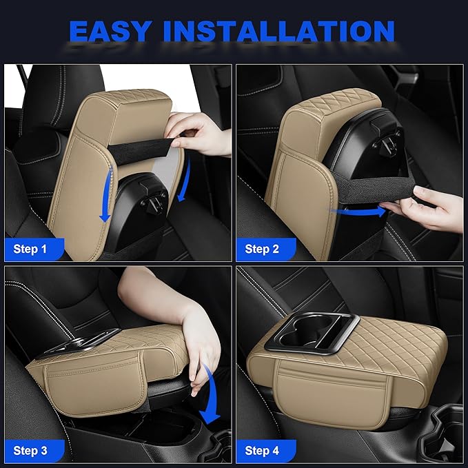 Upgraded Car Center Console Cover Fit for Subaru Impreza Thick Leather Car Armrest Cover with 2 Storage Pockets,Cup Holder,Phone Slot(Beige)