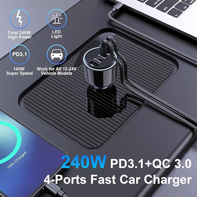 URVNS 240W 4-Ports USB C Car Charger Bundle with a 380W 7-Ports USB C Charging Station with LED Display
