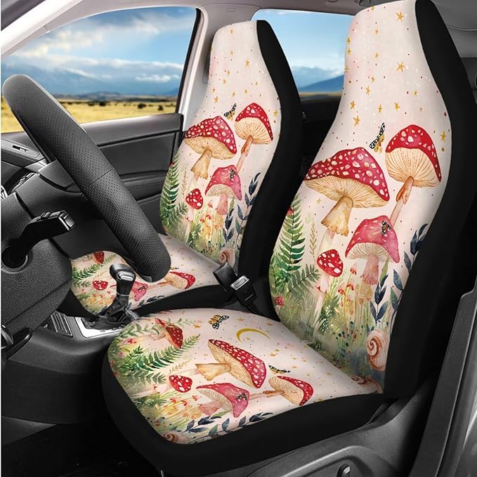 Dngkaoje Mushroom Car Seat Covers Full Set 13 Pcs Butterfly Mushroom Hanging Trash Bag,Seatbelt Pads,Universal Auto Front and Rear Split Bench Seat Covers Set,Auto Seat Accessories