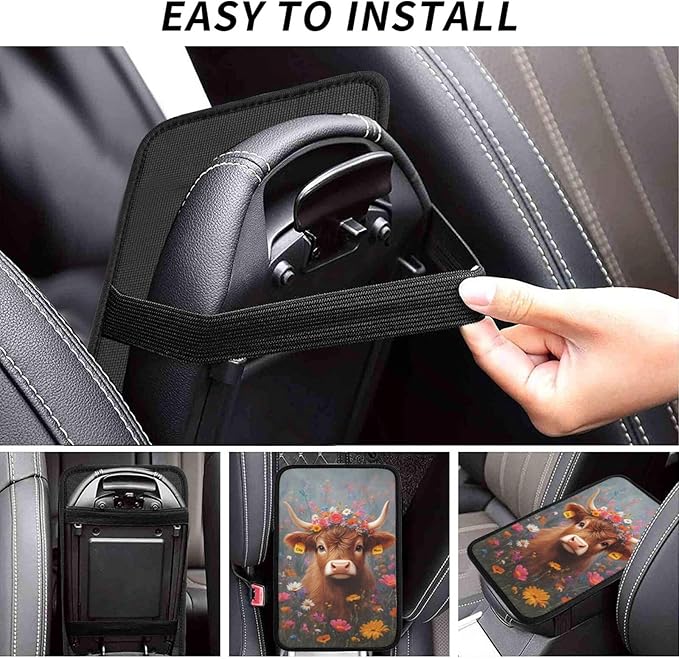 Universal Car Center Console Cushion Pad, Cute Highland Cow Flowers Soft Waterproof Car Center Console Cover Auto Armrest Seat Box Cover Protector for Most Vehicle SUV Truck Car