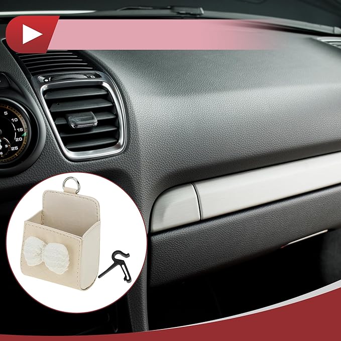 1 Pc Car Trash Can Hanging Trash Bin 3.5" Length 2.0" Width 4.3" Height Beige Faux Leather