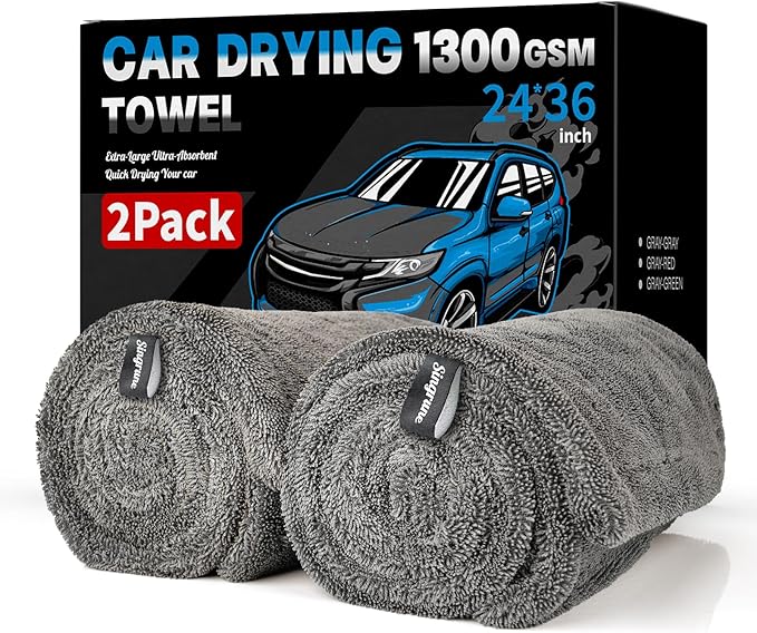 Singrune 2 Pack XL Car Drying Towel – 1300GSM Ultra Absorbent Microfiber, 24"x36" Large Size, Twisted Loop, Lint-Free & Streak-Free for Auto Detailing, Car, SUV, Truck (Gray-Gray)