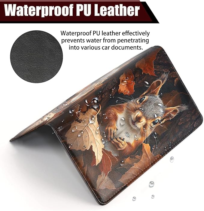 Car Registration Holder, PU Leather Vehicle Glove Box Organizer for Driver License, Document, Car Insurance Holder with Magnetic Shut, Auto Paperwork Wallet Case Accessories, Cute Squirrel Pattern
