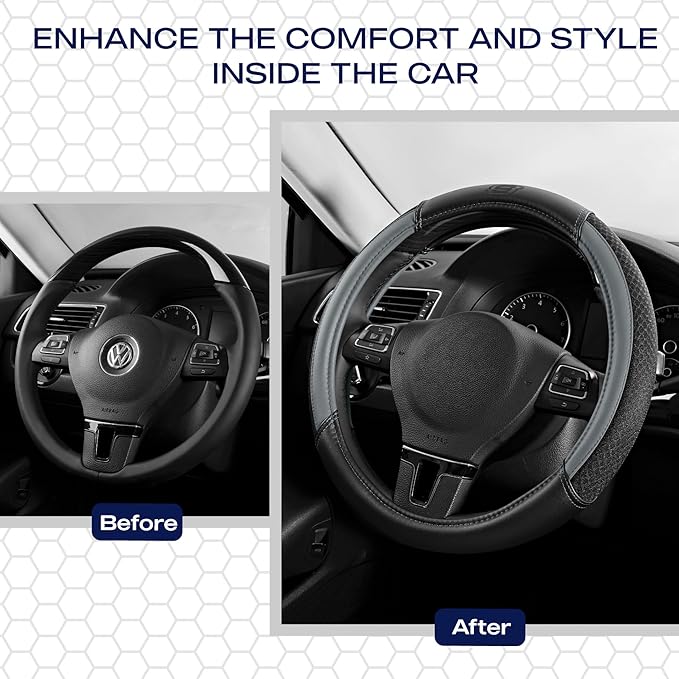 Skechers Air-Cooled Steering Wheel Cover,Leather Car Steering Wheel Cover Universal Fit 14" 1/2-15" Car Wheel Protector for Men Women Fit Suvs,Vans,Sedans,Car,Trucks,Gray