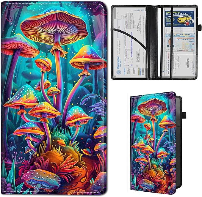 Qindaiwen Car Registration and Insurance Holder, Vehicle Card Document Elastic Band Closure Glove Box Organizer, Driver License Cards, Car Accessories for Essential Info, Colourful Mushroom 03
