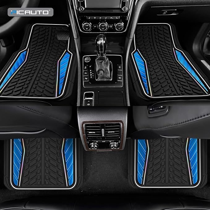 PIC AUTO Car Floor Mats, Blue Aluminum-Molded with Full-Circle Iridescent Inlay Strip Car Mats, Universal-Fit Rubber Mats for Cars, Trucks & SUVs, All-Weather, Non-Slip, Easy-to-Clean Interior Mats