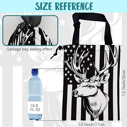 KXWQTRDD Black White American Flag Car Garbage Bag Deer Head Drawstring Car Trash Bag Hanging for Back Seat with Adjustable Buckle Canvas Vehicle Trash Can Easy-to-Install