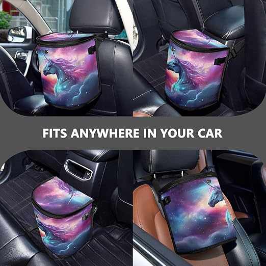 MNSRUU Car Trash Can with Lid, Unicorn Starry Sky Car Trash Bag Hanging Organizers and Storage for Front Back Seat, Leak-Proof Trash Bin