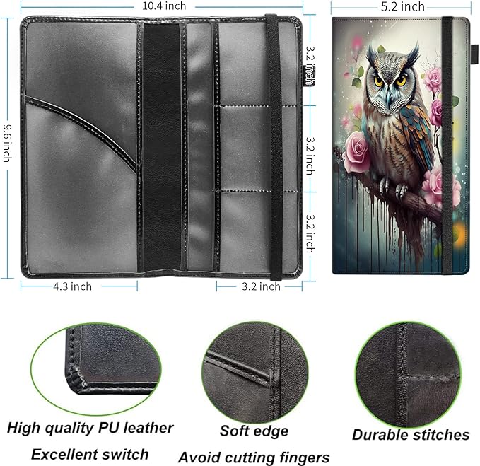 Car Registration and Insurance Holder,Leather Vehicle Glove Box Organizer Wallet for Document,Perfect for any Car,Truck,Motorcycle,Driver License,Trailer or Boat,Men & Women,Cute Owl Roses Flower
