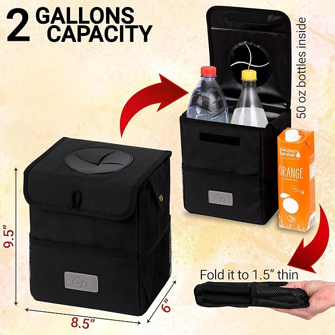 Creathing Car Trash Can [Touring Edition] - Removable Liner - 100% Leakproof, Odor Control Lid, Hanging Garbage Bin for SUV, Truck, Car (2 Gal, Black)