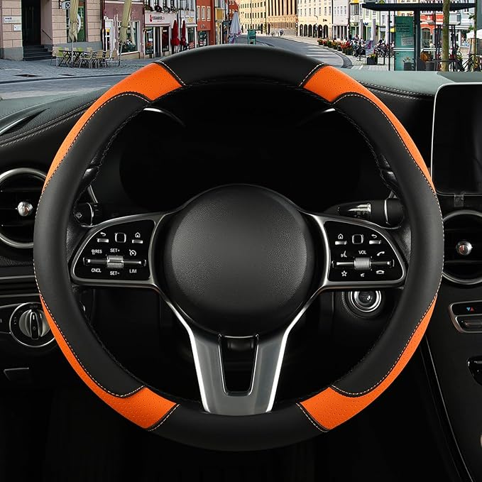 Binsheo Microfiber Leather Steering Wheel Cover Large for Ford F150 F250 F350 RAM 4Runner Tacoma Tundra Range Rover Model X Model S, Breathable, Anti Slip, 15.5 inch to 16 inch, Black with Orange
