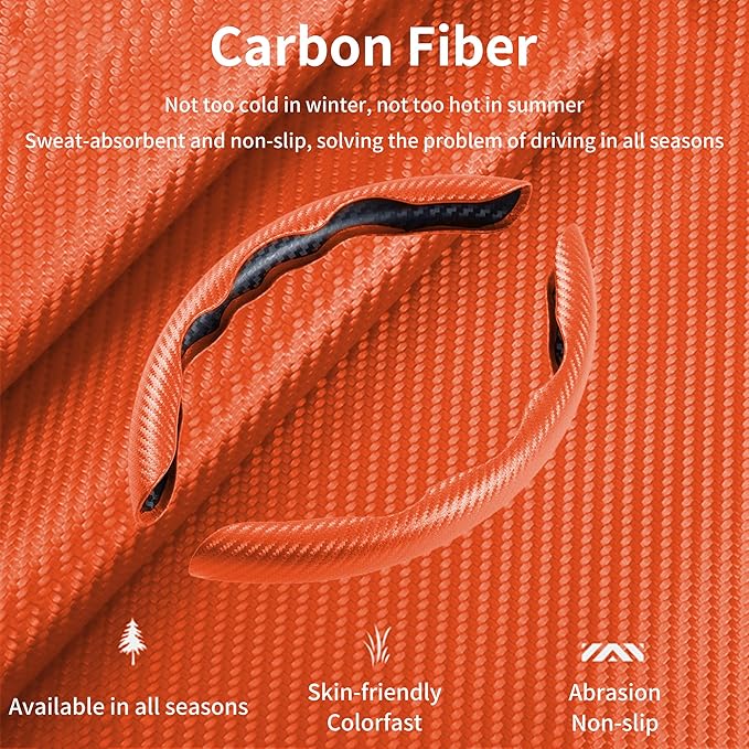 LevChall Carbon Fiber Steering Wheel Cover, 2-Piece Set Anti-Skid Comfortable Grip Segmented Butterfly Design, Easy Snap-On Installation Universal Fit 99% Cars, Orange