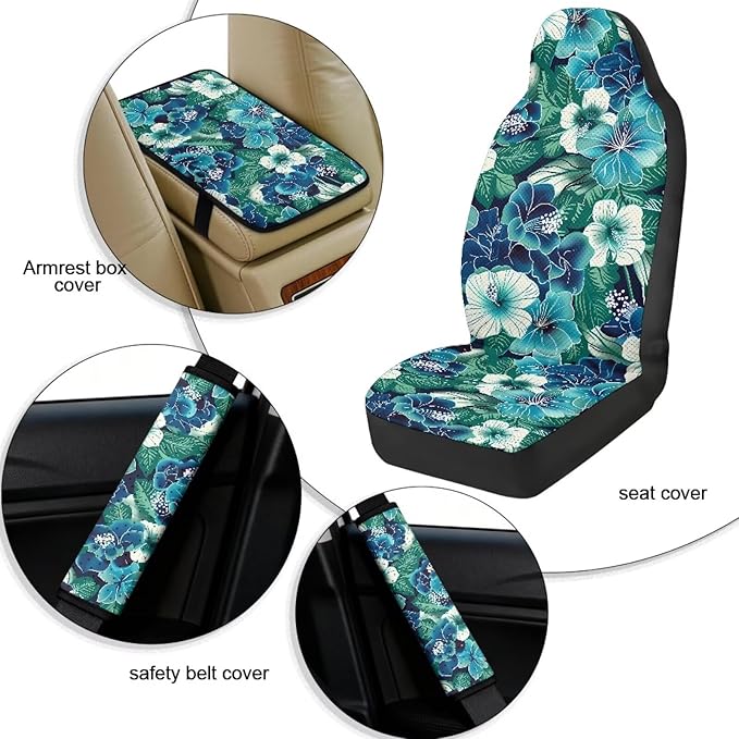 Qeluxign Hibiscus Floral Air Mesh Car Seat Covers & Accessories 5-Piece Set 2 Seat Covers, 2 Shoulder Belt Pads, 1 Console Pad PU Leather Car Interior Set for Women