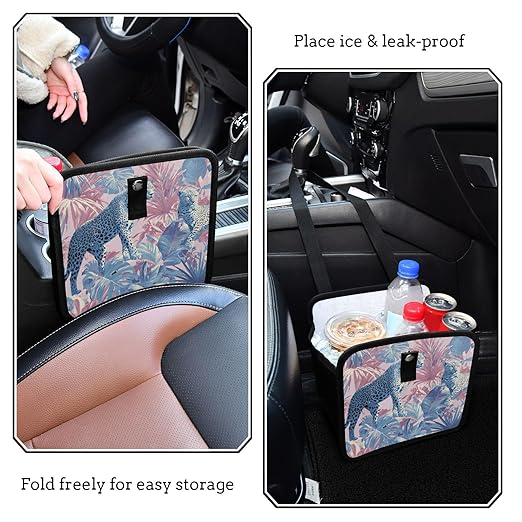 Car Trash Can Organizer Bin with Adjustable Strap for Back Front Seat Console Waterproof Leakproof Collapsible Portable 11 Inch Cute Cheetah and Palm Leaves